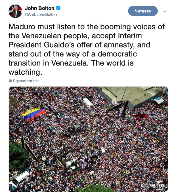 Болтон призвал Мадуро прислушаться к протестующим в Венесуэле